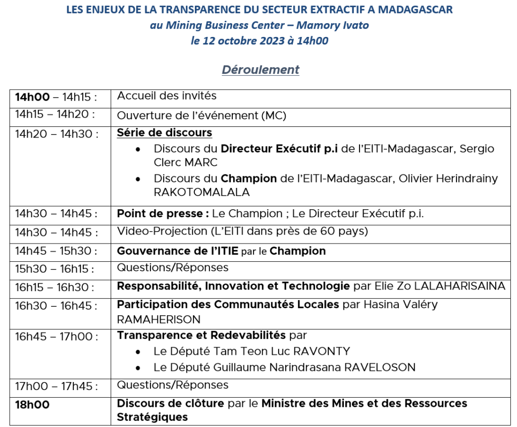 LES ENJEUX DE LA TRANSPARENCE DU SECTEUR EXTRACTIF A MADAGASCAR  
au Mining Business Center – Mamory Ivato 
le 12 octobre 2023 à 14h00
