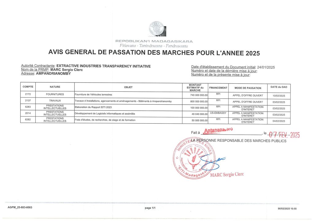 AVIS GENERAL DE PASSATION DE MARCHE POUR L’ANNEE 2025 – EXTRACTIVE INDUSTRIES TRANSPARENCY INITIATIVE – EITI MADAGASCAR Ex-BATIMENT IGM AMPANDRIANOMBY