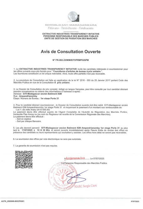 AVIS DE CONSULTATION OUVERTE- FOURNITURES D’ARTICLES DE BUREAU A PRIX UNITAIRE