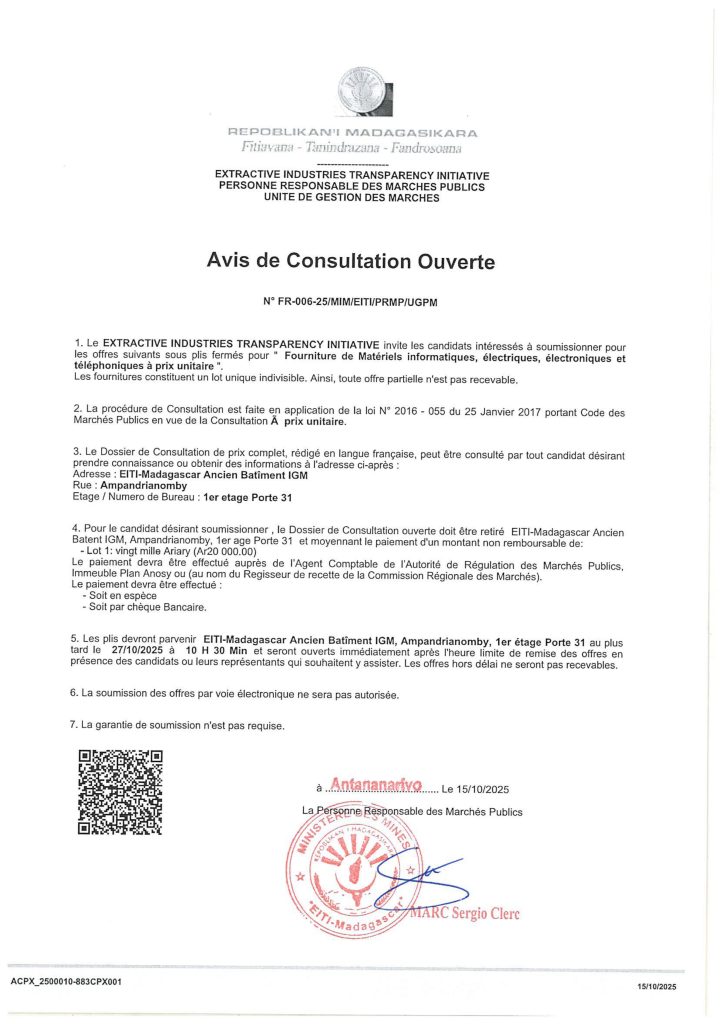AVIS DE CONSULTATION OUVERTE – Fournitures de Matériels informatiques, électriques, électroniques et téléphoniques à prix unitaire