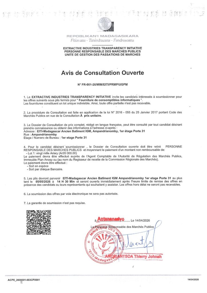 Avis de Consultation Ouverte – Fourniture de consomptibles informatiques