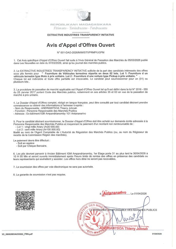 AVIS D&rsquo;APPEL D&rsquo;OFFRES OUVERT