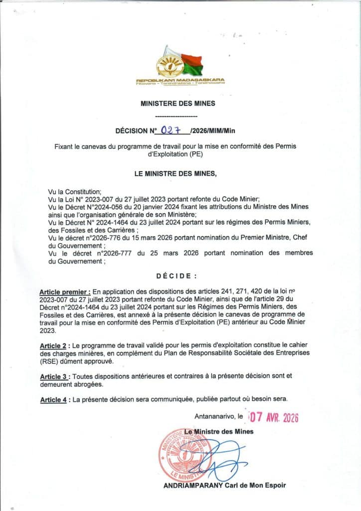 Décision Ministérielle  et canevas de programme de travail pour la mise en conformité des PE(Permis d&rsquo;Exploitation)
