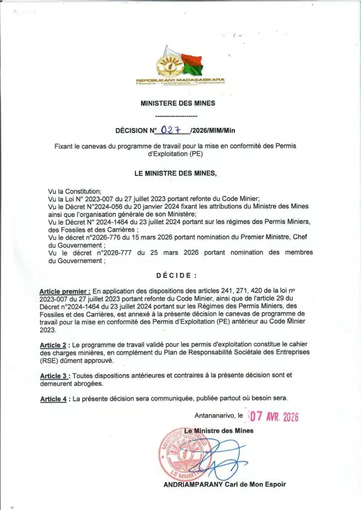 Décision Ministérielle  et canevas de programme de travail pour la mise en conformité des PE(Permis d&rsquo;Exploitation)