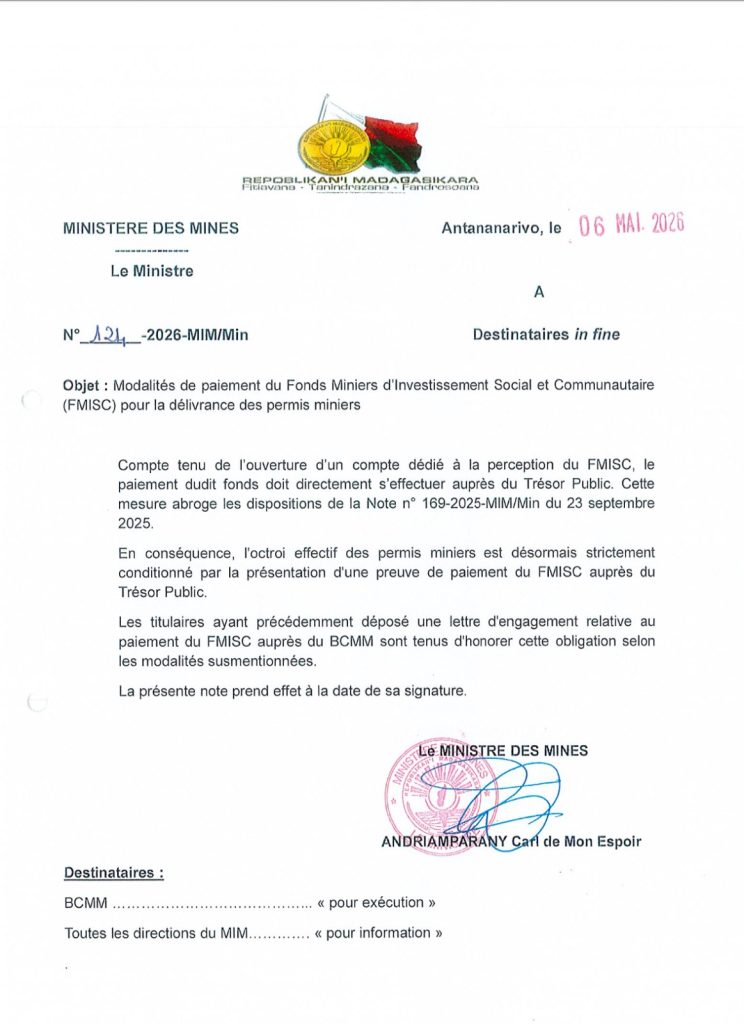 Modalité de paiement du FMISC pour délivrance des permis miniers