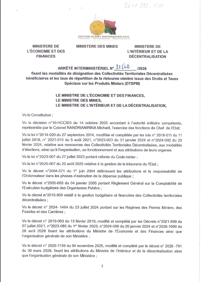 ARRÊTÉ INTERMINISTÉRIEL N° 21562/2026 fixant les modalités de désignation des Collectivités Territoriales Décentralisées bénéficiaires et les taux de répartition de la ristourne minière issue des Droits et Taxes Spéciaux sur les Produits Miniers (DTSPM)