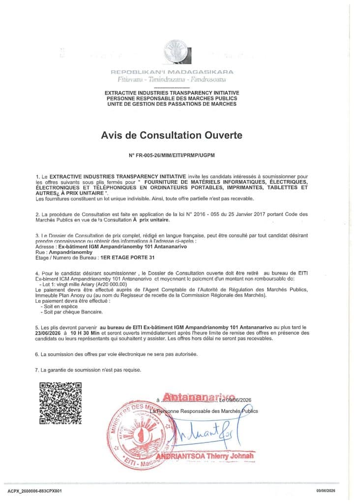 AVIS DE CONSULTATION OUVERTE – FOURNITURE DE MATERIELS INFORMATIQUES, ELECTRIQUES, ELECTRONIQUES ET TELEPHONIQUES EN ORDINATEURS PORTABLES, IMPRIMANTES, TABLETTES ET AUTRES A PRIX UNITAIRE