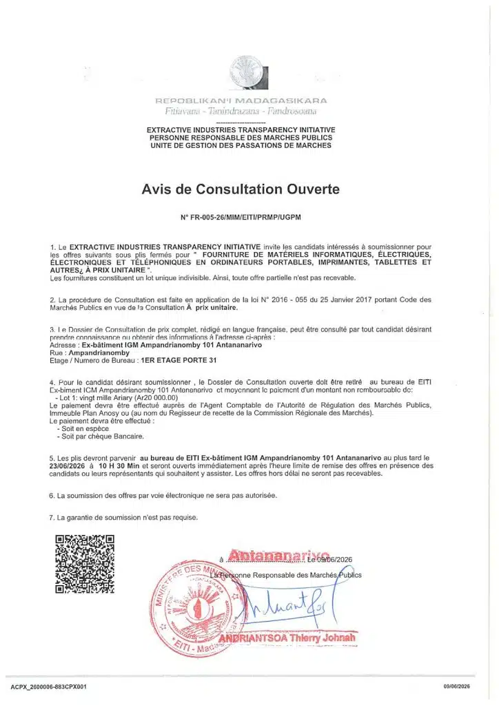 AVIS DE CONSULTATION OUVERTE – FOURNITURE DE MATERIELS INFORMATIQUES, ELECTRIQUES, ELECTRONIQUES ET TELEPHONIQUES EN ORDINATEURS PORTABLES, IMPRIMANTES, TABLETTES ET AUTRES A PRIX UNITAIRE