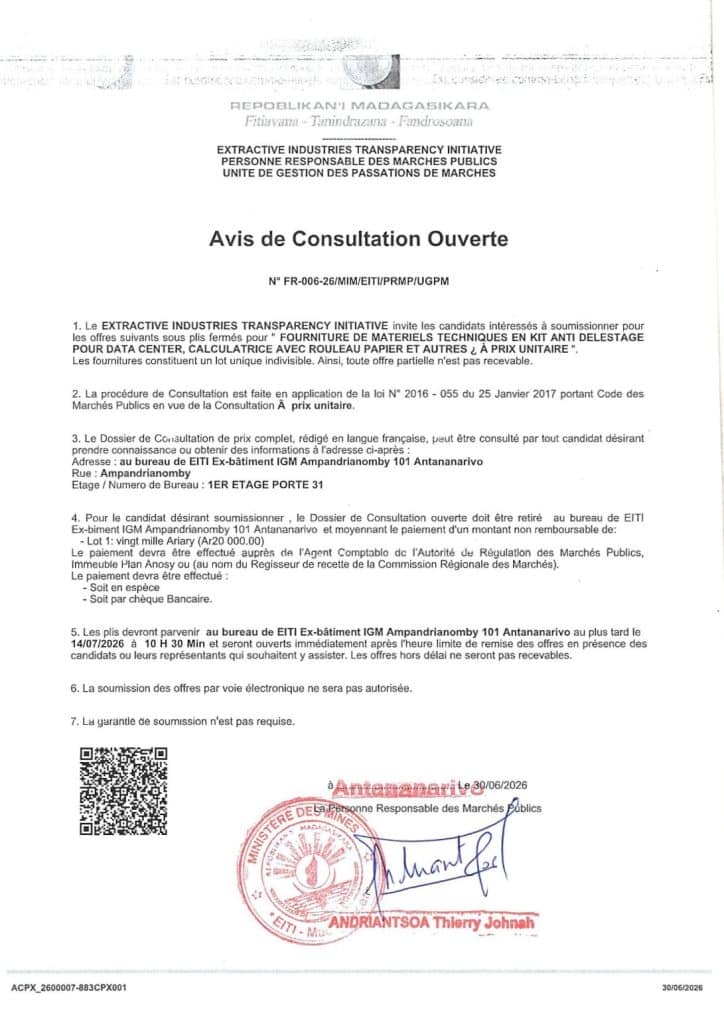 AVIS DE CONSULTATION OUVERTE : FOURNITURE DE MATERIELS TECHNIQUES EN KIT ANTI -DELESTAGE POUR DATA CENTER, CALCULATRICE AVEC ROULEAU PAPIER ET AUTRES À PRIX UNITAIRE