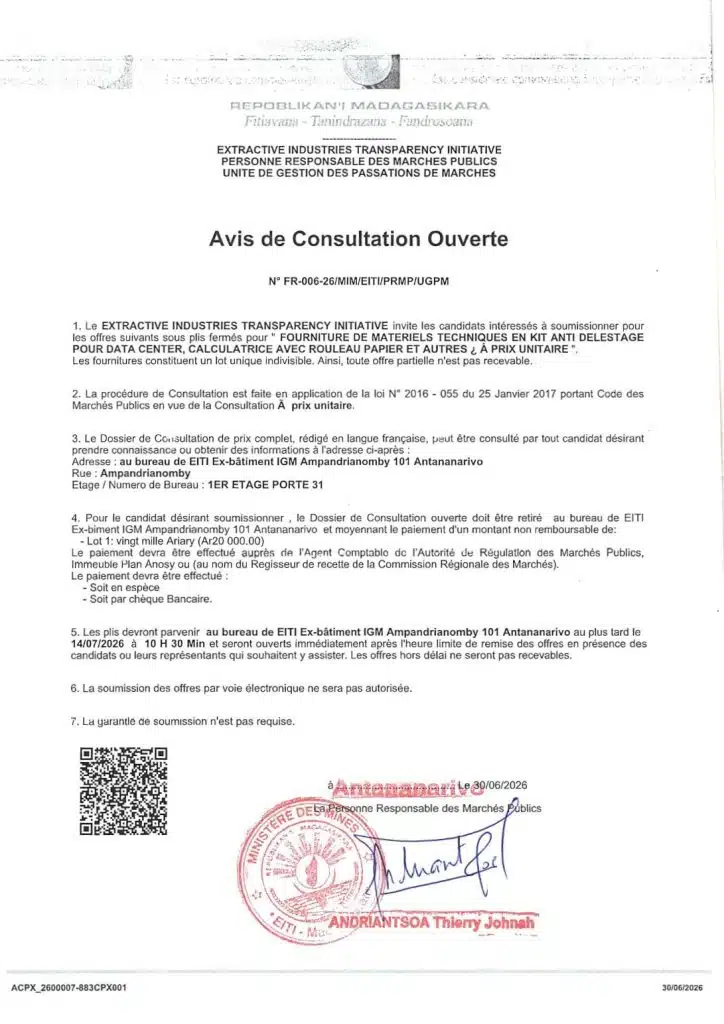 AVIS DE CONSULTATION OUVERTE : FOURNITURE DE MATERIELS TECHNIQUES EN KIT ANTI -DELESTAGE POUR DATA CENTER, CALCULATRICE AVEC ROULEAU PAPIER ET AUTRES À PRIX UNITAIRE