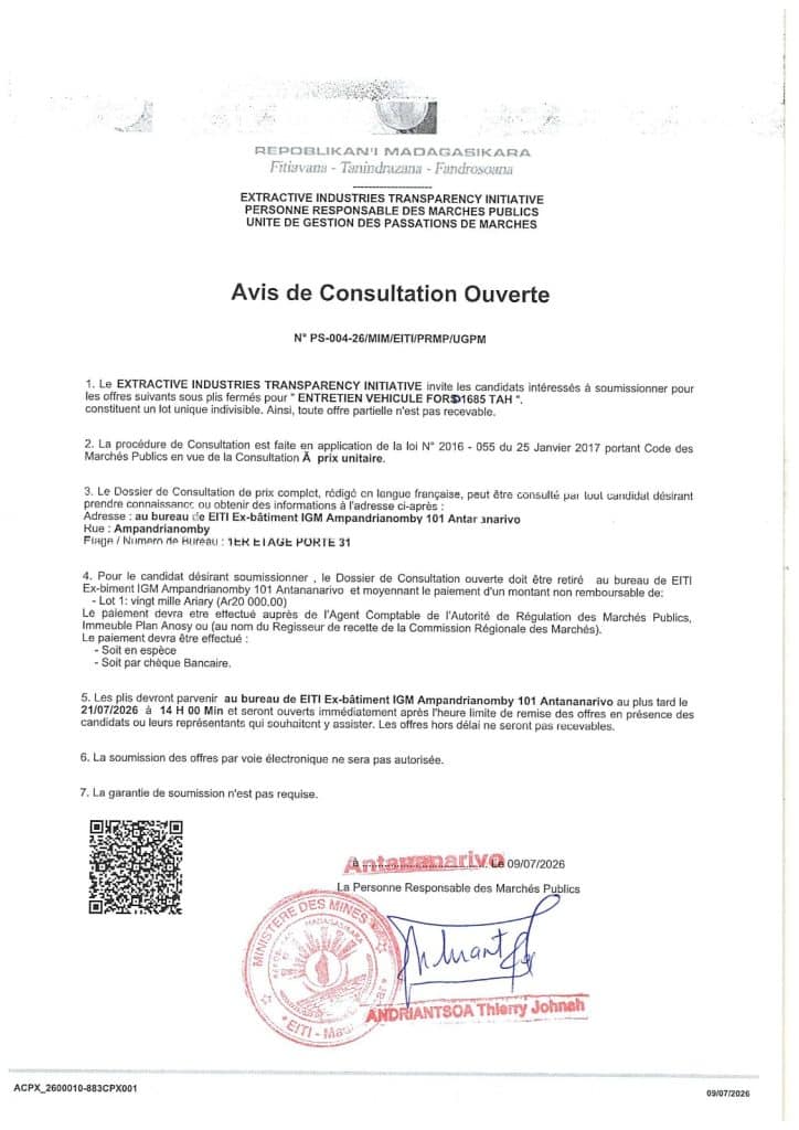 AVIS DE CONSULTATION OUVERTE : ENTRETIEN DE VEHICULE FORD 1685 TAH