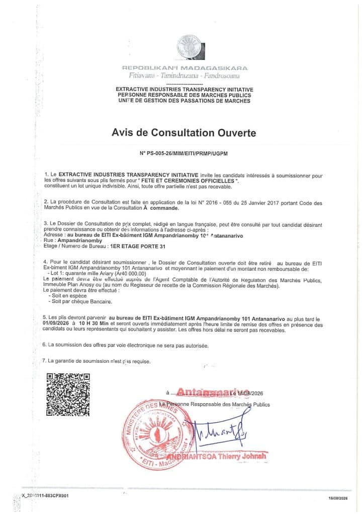 AVIS DE CONSULTATION OUVERTE