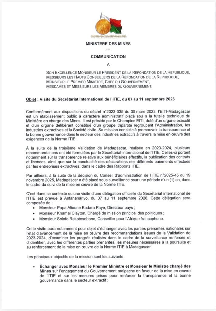 Information sur l&rsquo;approbation par le Conseil des Ministres de la visite du représentant du Secrétariat International de l&rsquo;ITIE du 07 au 11 septembre 2026 – Fampahafantarana ny amin&rsquo;ny fankatoavana ny fampitana am-bava mahakasika ny fitsidihan&rsquo;ny Solontena Iraisam-pirenena avy amin&rsquo;ny EITI ny 07 hatramin&rsquo;ny 11 Septambra 2026.
