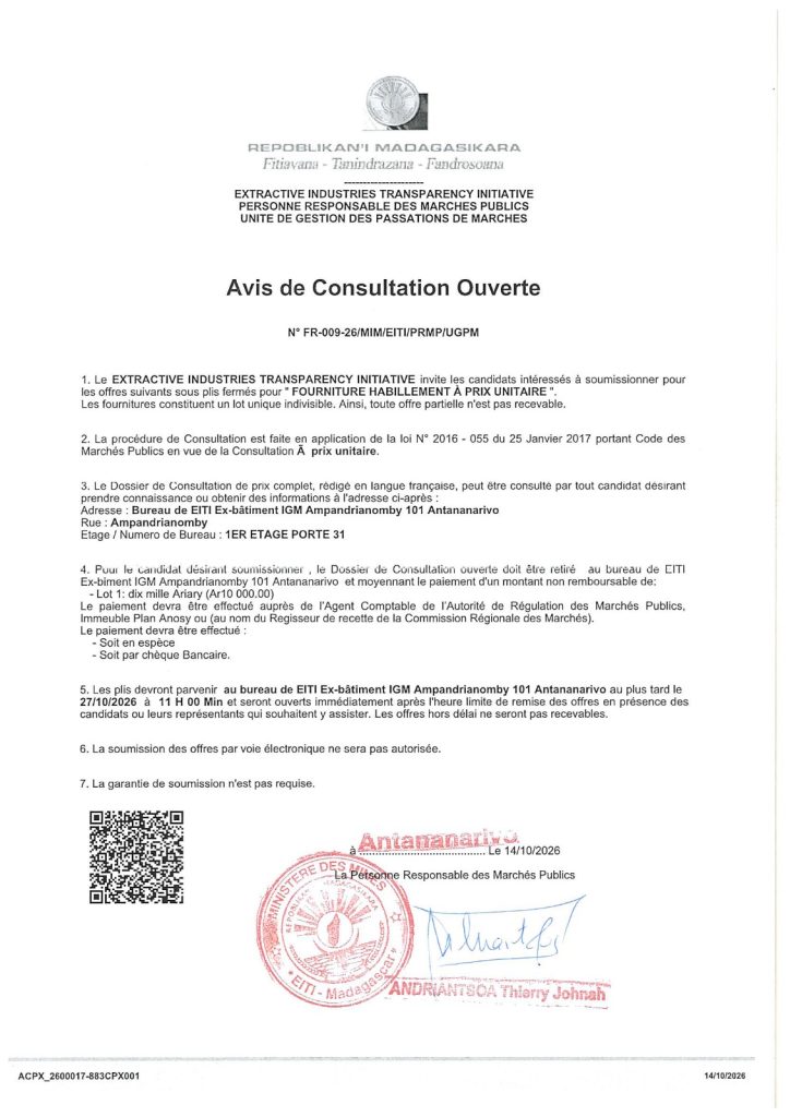 — Avis de Consultation Ouverte — Fourniture habillement à prix unitaire.